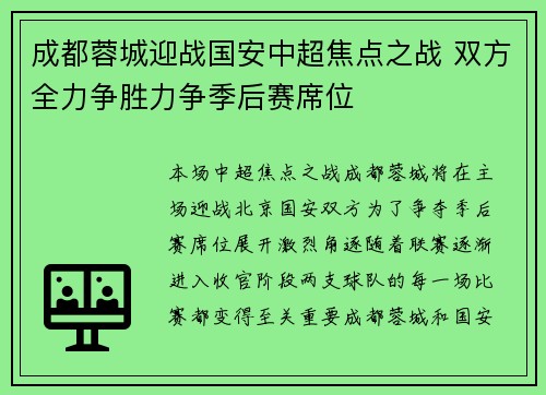 成都蓉城迎战国安中超焦点之战 双方全力争胜力争季后赛席位